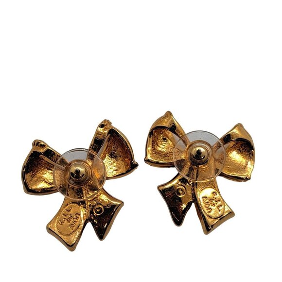 KJL for Avon black gold tone bow earrings pierced stud signed 1-1/8" - Picture 3 of 4